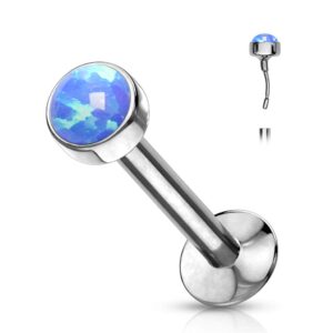 Covet Jewelry Push in Opal Flat Set Top 316L Surgical Steel Labret, Monroe, Flat Back Stud. (16 GA, Length: 6mm, Ball: 4mm, Opal Blue)