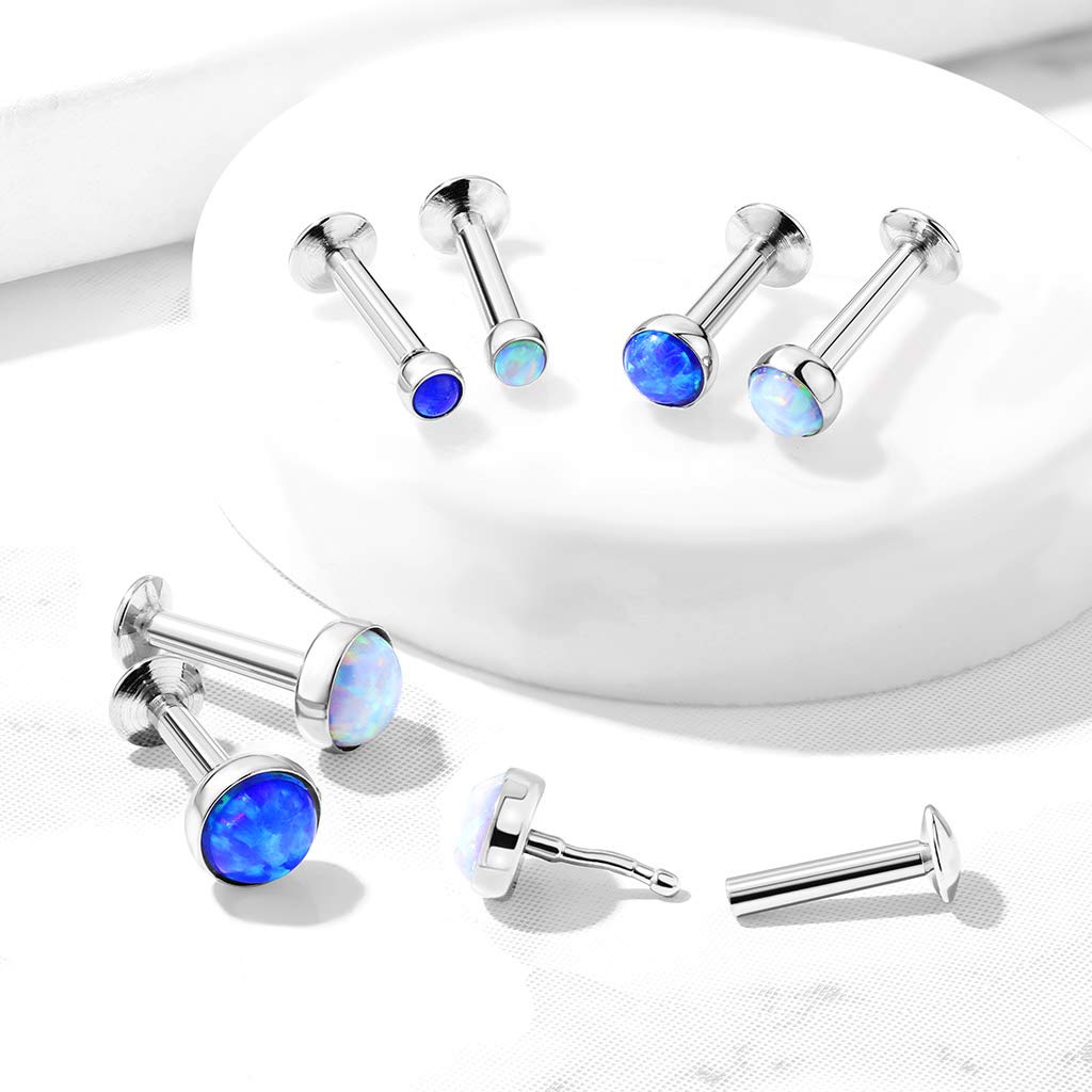 Covet Jewelry Push in Opal Flat Set Top 316L Surgical Steel Labret, Monroe, Flat Back Stud. (16 GA, Length: 6mm, Ball: 4mm, Opal Blue)