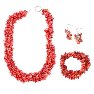 Shop LC Red Coral Gemstone Chips Necklace, Earrings & Bracelet Set - Cluster Stainless Steel Jewelry for Women - Boho Beach Healing Crystal Jewelry - Necklace Length 18" - Stretchable Bracelet Gifts