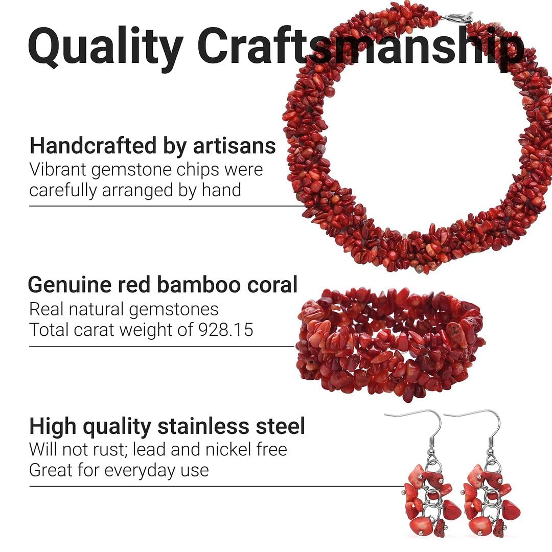 Shop LC Red Coral Gemstone Chips Necklace, Earrings & Bracelet Set - Cluster Stainless Steel Jewelry for Women - Boho Beach Healing Crystal Jewelry - Necklace Length 18" - Stretchable Bracelet Gifts