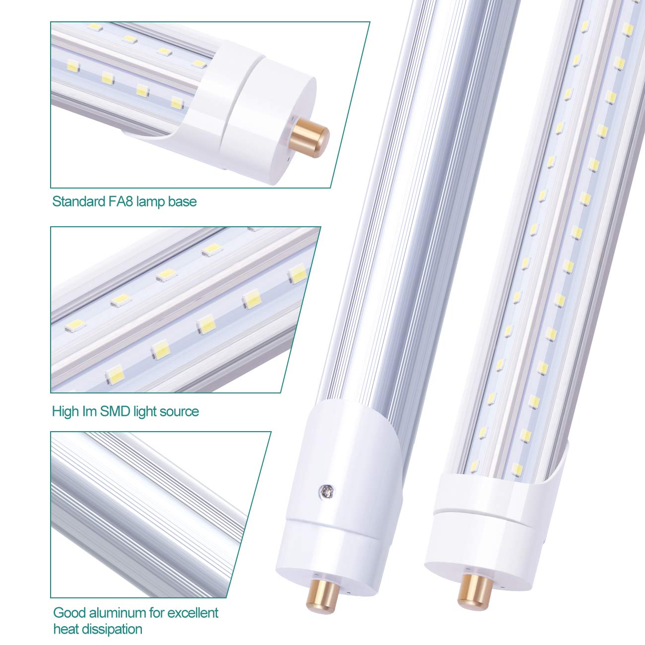 TRLIFE 65W 8FT LED Bulbs 6000K, T8 8FT V Shape LED Tube Light FA8 LED Light Bulbs with Clear Cover(150W Fluorescent Bulbs Replacement), Dual Row LED Chips, 7800Lm, Dual-Ended Power(25 Pack)