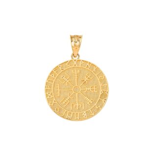 Sideways Crosses Certified 14k Yellow Gold Viking Odin Symbol Rune Amulet Pantgram Vegvisir Compass Pendant