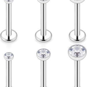 SCERRING 3 Pairs 14g Stainless Steel 2mm 3mm 4mm Jeweled Clear CZ Internally Threaded Labret Monroe Lip Tragus Daith Cartilage Helix Earring Ring Body Piercing Jewelry 8mm - Silver