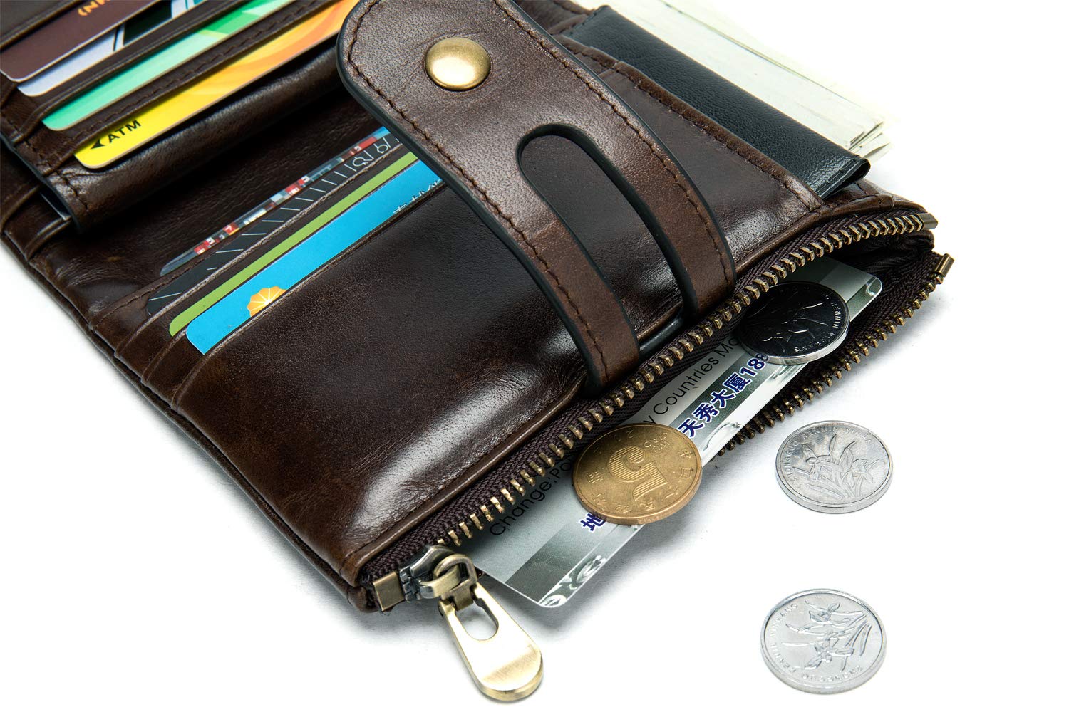 NIUCUNZH Genuine Leather Soft Bifold Rfid Wallets for Men Coin Purse Keychain Snap Zip Wallet with Chain Coffee