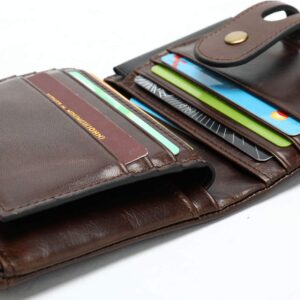 NIUCUNZH Genuine Leather Soft Bifold Rfid Wallets for Men Coin Purse Keychain Snap Zip Wallet with Chain Coffee