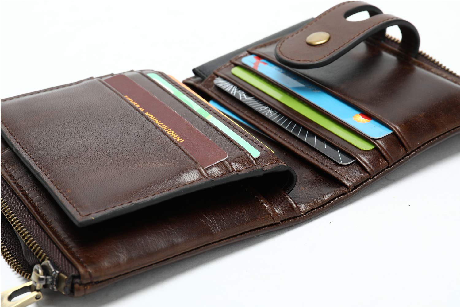 NIUCUNZH Genuine Leather Soft Bifold Rfid Wallets for Men Coin Purse Keychain Snap Zip Wallet with Chain Coffee