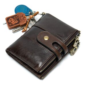 NIUCUNZH Genuine Leather Soft Bifold Rfid Wallets for Men Coin Purse Keychain Snap Zip Wallet with Chain Coffee