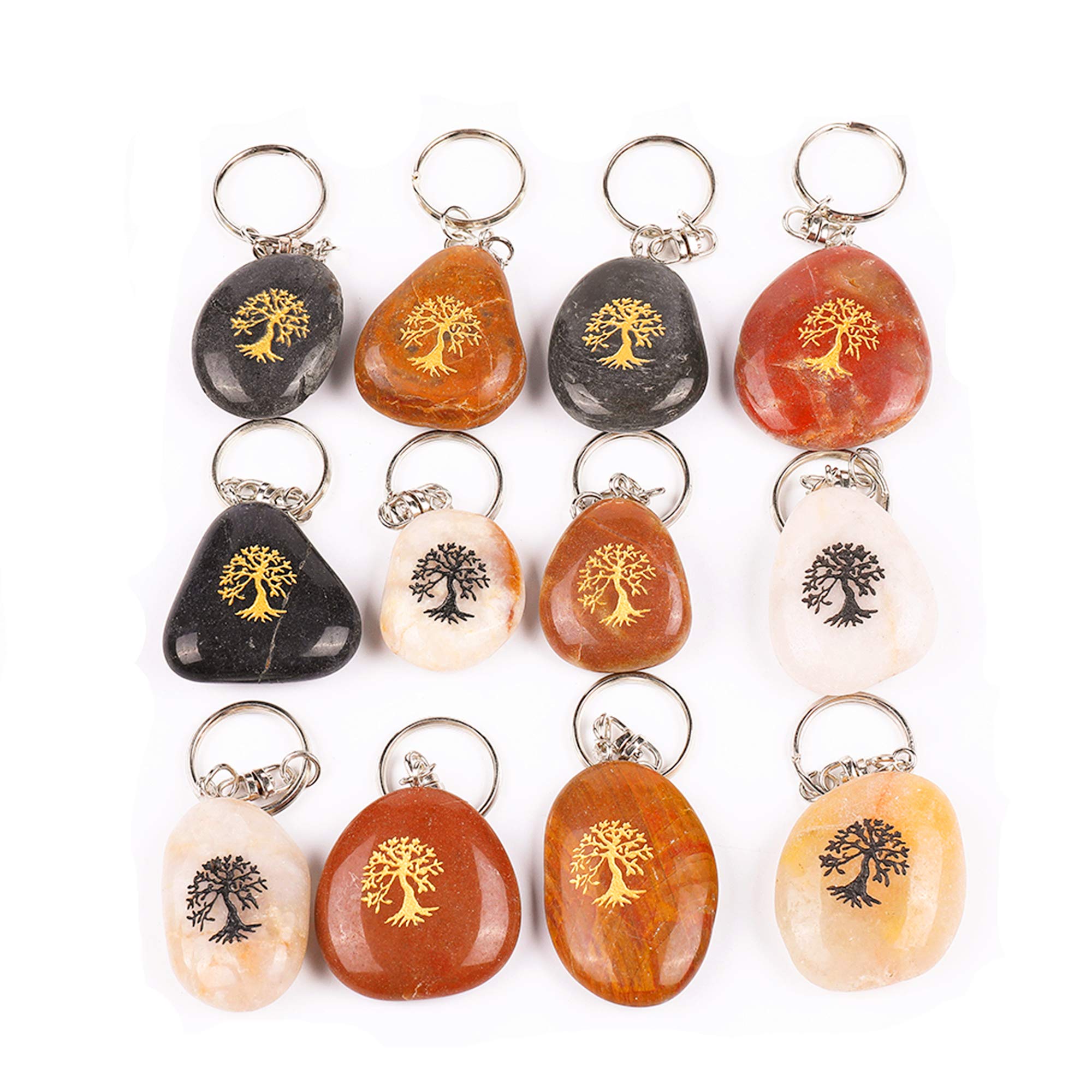 ROCKIMPACT 12PCS Life Tree Inspirational Stone Key Chains, Engraved Natural River Rock Key Rings, Pocket Stone Keychain, Bulk Word Stone Wholesale Keyring (Pack of 12, Tree of Life)