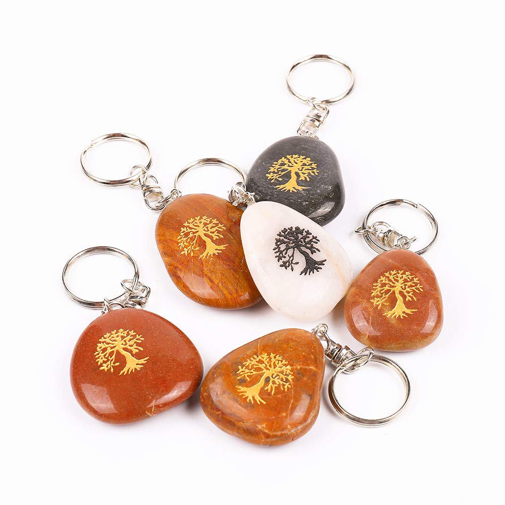 ROCKIMPACT 12PCS Life Tree Inspirational Stone Key Chains, Engraved Natural River Rock Key Rings, Pocket Stone Keychain, Bulk Word Stone Wholesale Keyring (Pack of 12, Tree of Life)