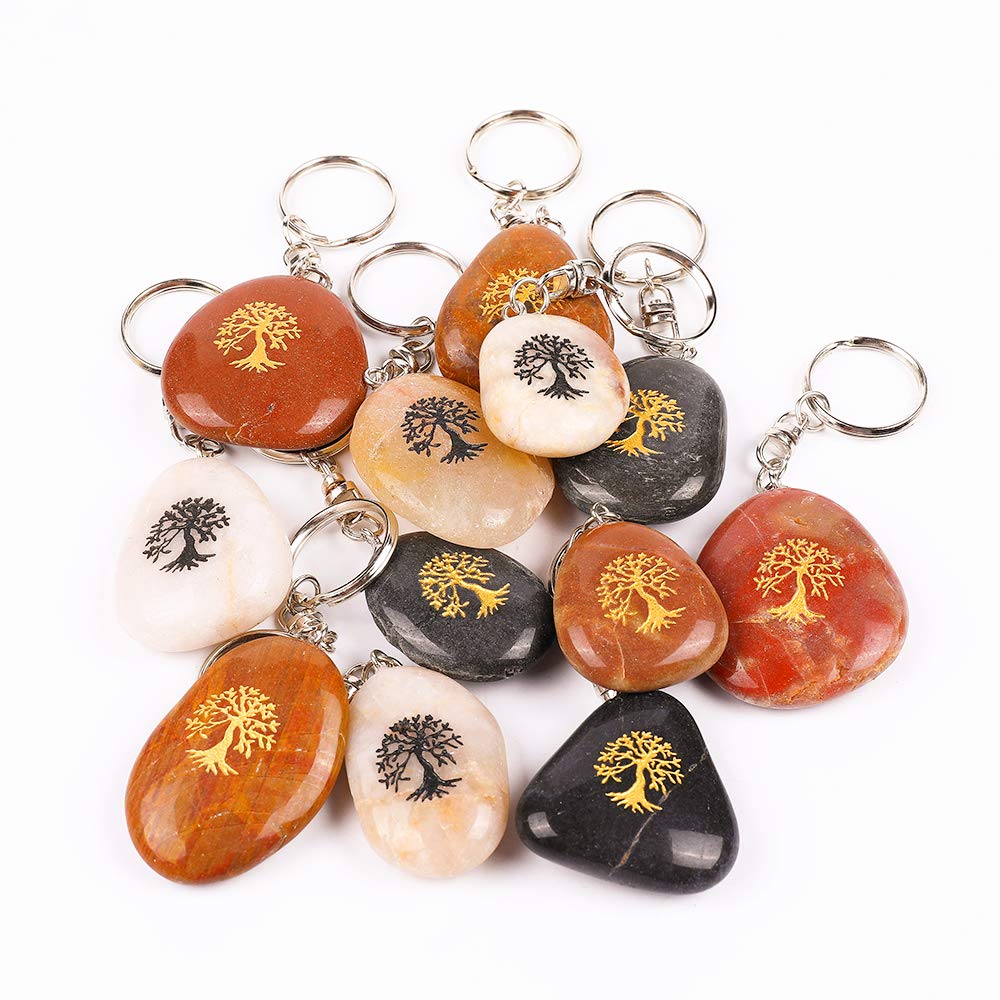 ROCKIMPACT 12PCS Life Tree Inspirational Stone Key Chains, Engraved Natural River Rock Key Rings, Pocket Stone Keychain, Bulk Word Stone Wholesale Keyring (Pack of 12, Tree of Life)