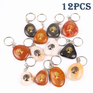 ROCKIMPACT 12PCS Life Tree Inspirational Stone Key Chains, Engraved Natural River Rock Key Rings, Pocket Stone Keychain, Bulk Word Stone Wholesale Keyring (Pack of 12, Tree of Life)