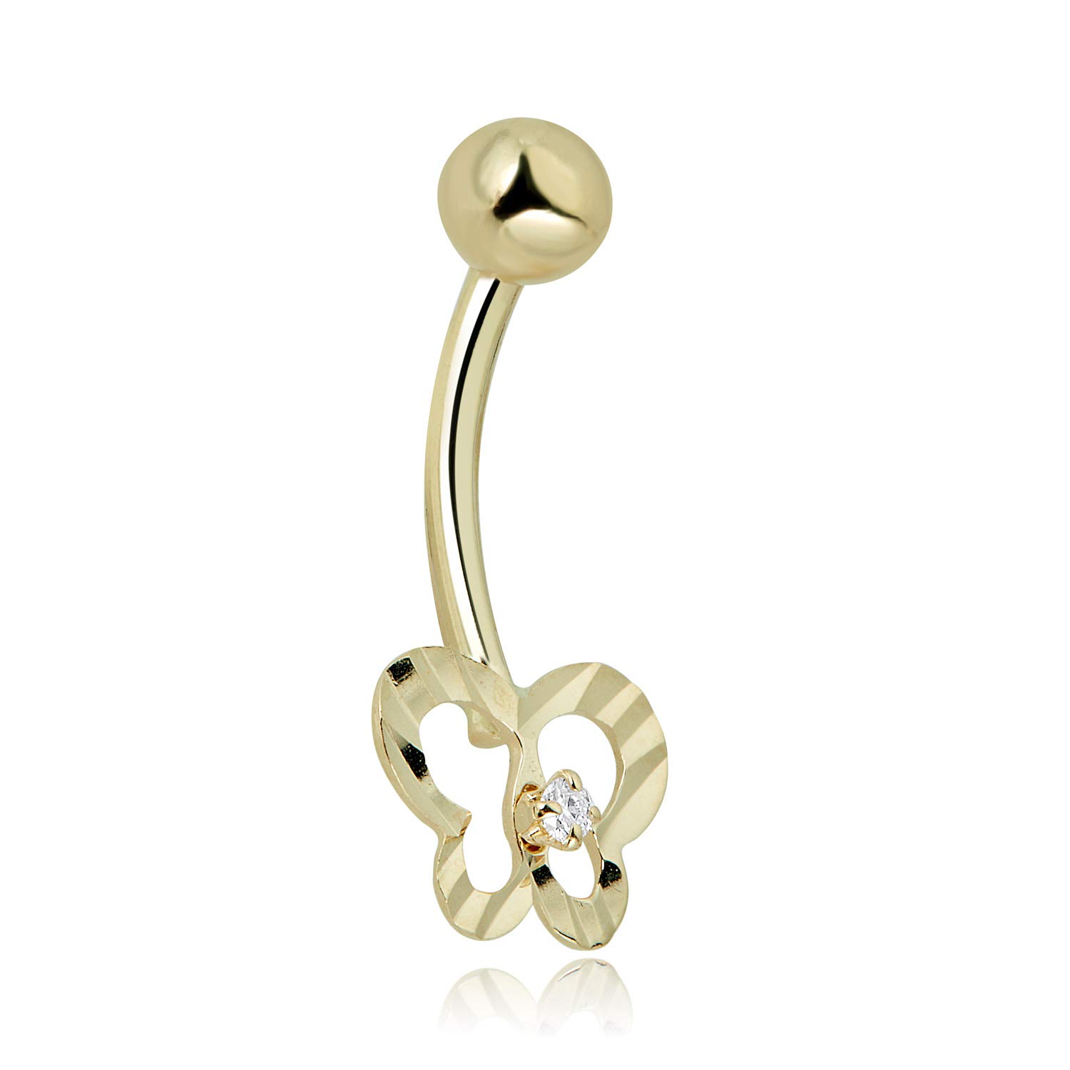 AVORA 10K Yellow Gold Open Butterfly 0.02 CT Genuine Diamond Belly Button Ring Body Jewelry (14 Gauge)