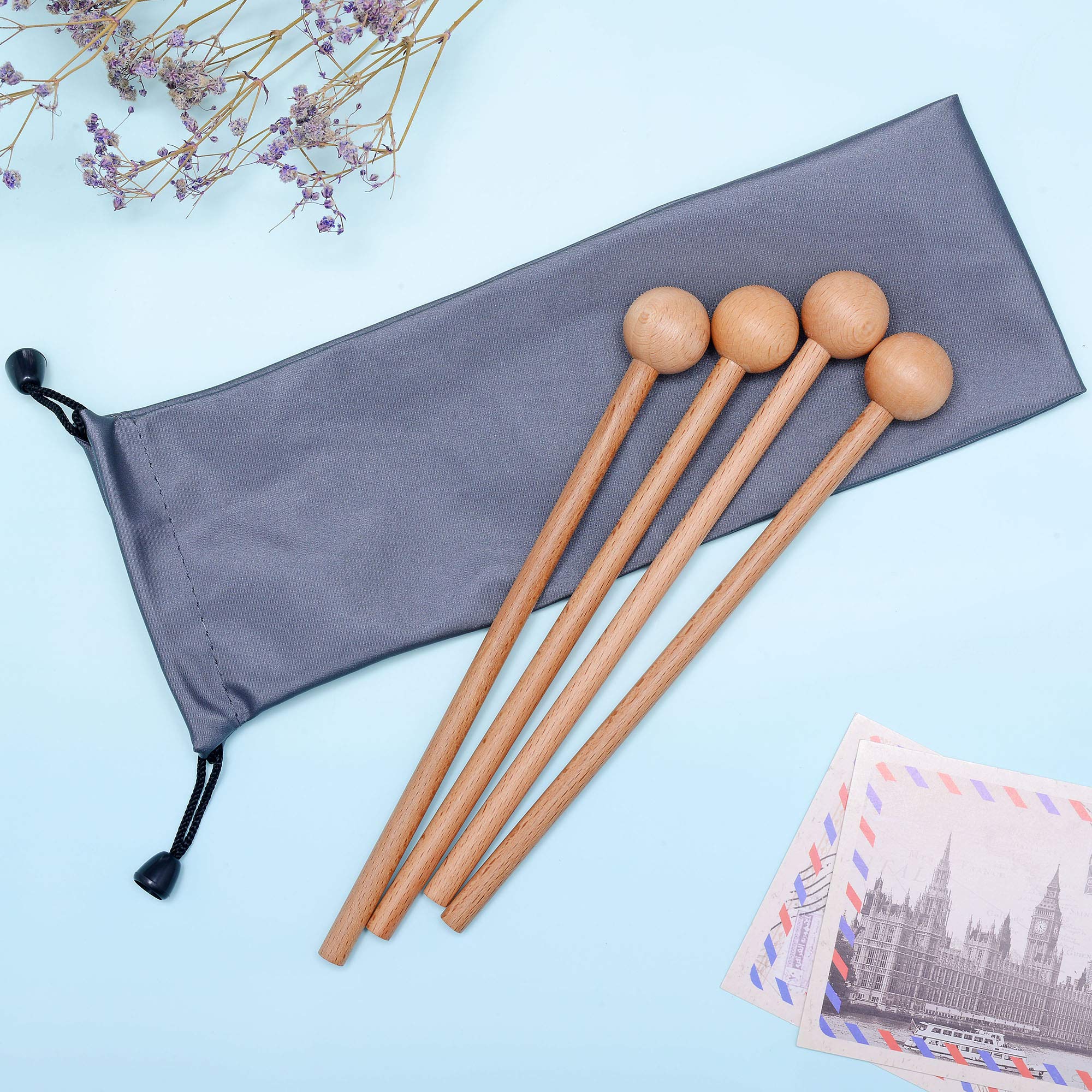 2 Pair Wood Mallets Percussion Sticks for Glockenspiel, Xylophone, Chime, Woodblock, and Bells, 8 Inch Long with a Carry Bag