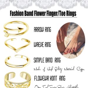 FIBO STEEL 10 Pcs Open Toe Rings for Women Vintage Retro Wave Flower Celtic Knot Arrow Tail Band Toe Ring Adjustable Gold-tone