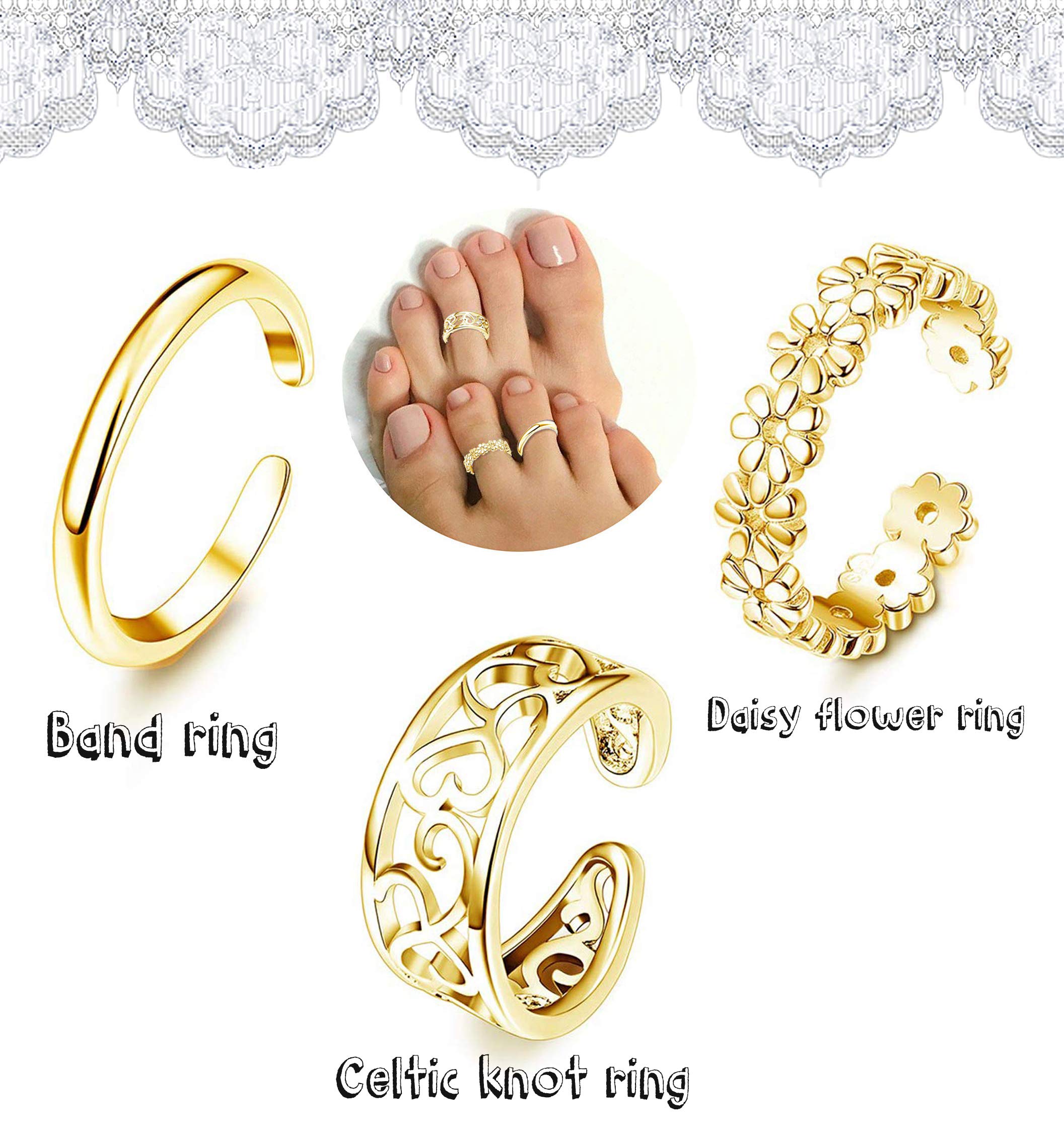 FIBO STEEL 10 Pcs Open Toe Rings for Women Vintage Retro Wave Flower Celtic Knot Arrow Tail Band Toe Ring Adjustable Gold-tone