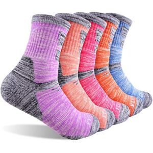 feideer hiking socks walking socks for women, 5 pairs outdoor recreation socks moisture wicking crew socks (purple/red/pink/orange/blue)