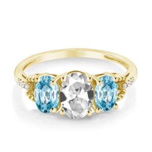 Gem Stone King 10K Yellow Gold White Created Sapphire Blue Zircon and White Diamond 3-Stone Engagement Ring For Women (2.32 Cttw, Available In Size 5, 6, 7, 8, 9)