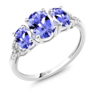 Gem Stone King 10K White Gold 3-Stone Diamond Engagement Ring 1.67 Ct Oval Blue Tanzanite (Size 7)