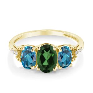 Gem Stone King 10K Yellow Gold Oval Emerald Envy Mystic Topaz London Blue Topaz and Diamond 3-Stone Engagement Ring For Women (2.02 Cttw, Gemstone Birthstone, Available In Size 5, 6, 7, 8, 9)