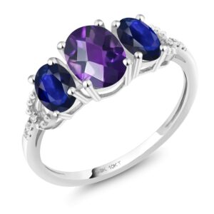 Gem Stone King 10K White Gold Oval Checkerboard Purple Amethyst Blue Sapphire and Diamond 3-Stone Women Engagement Ring (4.41 Cttw, Gemstone Birthstone, Available In Size 5, 6, 7, 8, 9)