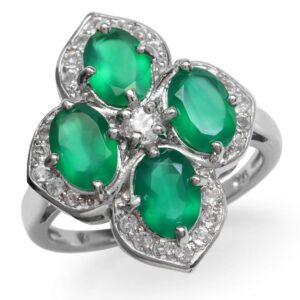 Silvershake 3ct. Natural Emerald Green Agate and White Topaz Gold Plated 925 Sterling Silver Flower Cluster Ring Size 8.5