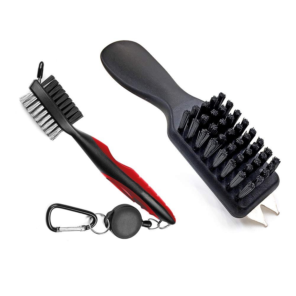 Durable Golf Club Groove Cleaner Brush and Golf Shoes Cleaner Brush Handle Dirt Mud Remover Cleaner Tools Retractable Zip-line Aluminum Carabiner (Shoe Brush and Club Brush)