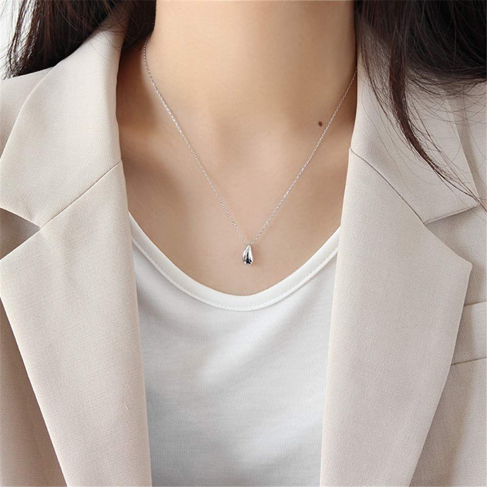 Tiny Teardrop Necklace for Women Girls Sterling Silver Minimalist Simple Oval Bead Beans Pear Shape Pendant Choker BFF Necklace Fashion Adjustable Chain 18" Jewelry Wedding Birthday Gift (Silver)