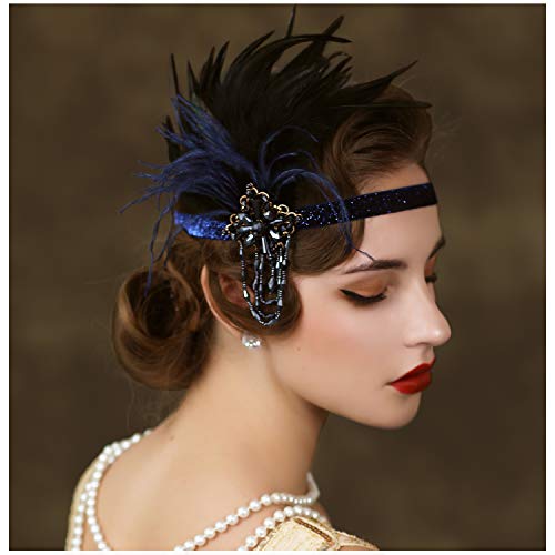 SWEETV Feather Flapper Headpiece Navy, Rhinestone Feather 1920s Headband, the Great Gatsby Hair Accessories