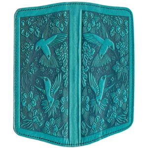 Oberon Design Hummingbirds Embossed Genuine Leather Checkbook Cover, 3.5x6.5 Inches, Teal