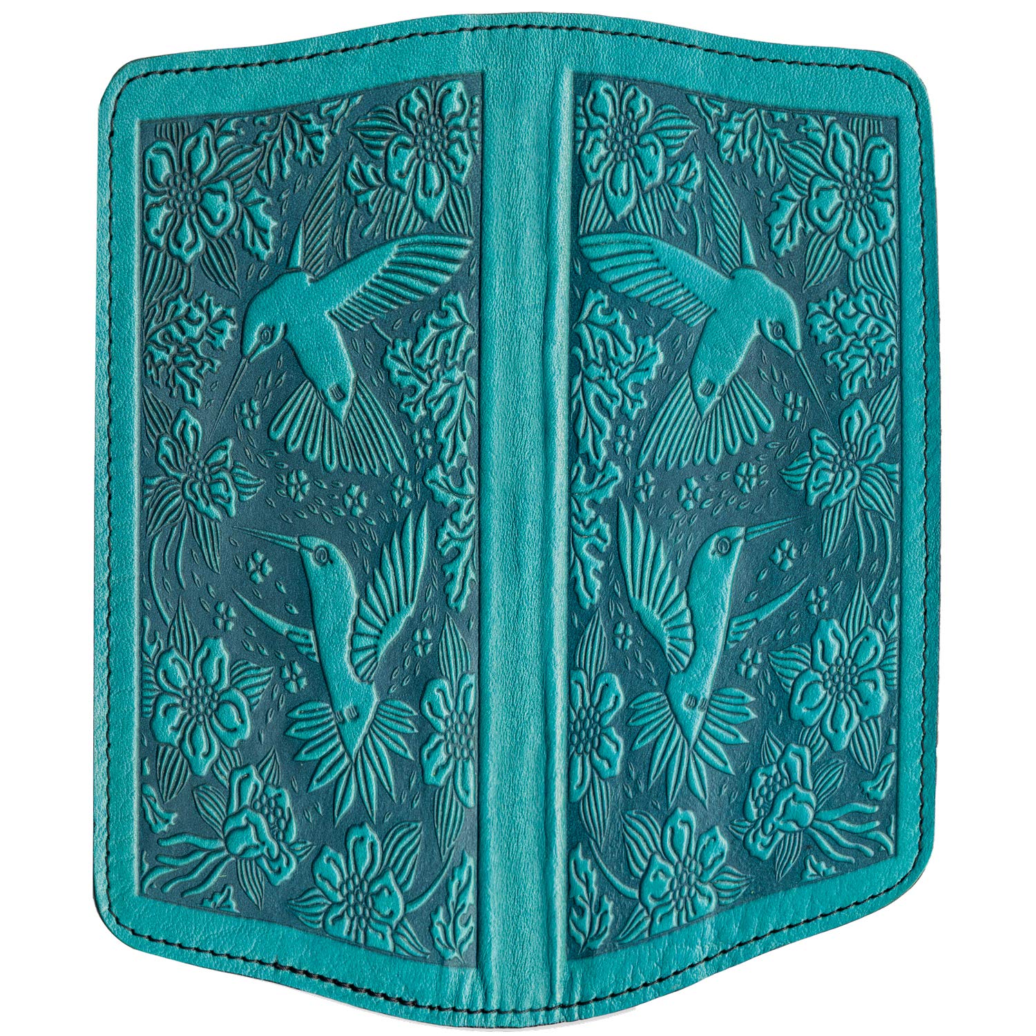 Oberon Design Hummingbirds Embossed Genuine Leather Checkbook Cover, 3.5x6.5 Inches, Teal