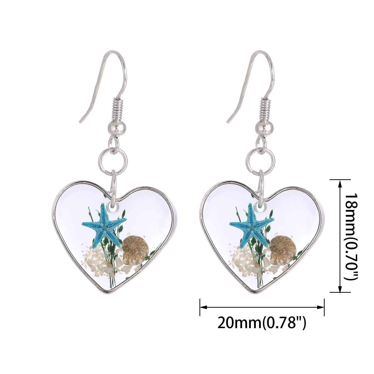 FM FM42 Silver-tone Blue Starfish Seashell Pressed Flower Small Heart Drop Dangle Hook Earrings FE2081