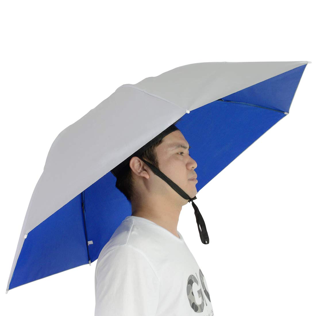 NEW-Vi Fishing Umbrella Hat Folding Sun Rain Cap Adjustable Multifunction Outdoor Headwear (Silver/Blue(Single layer))