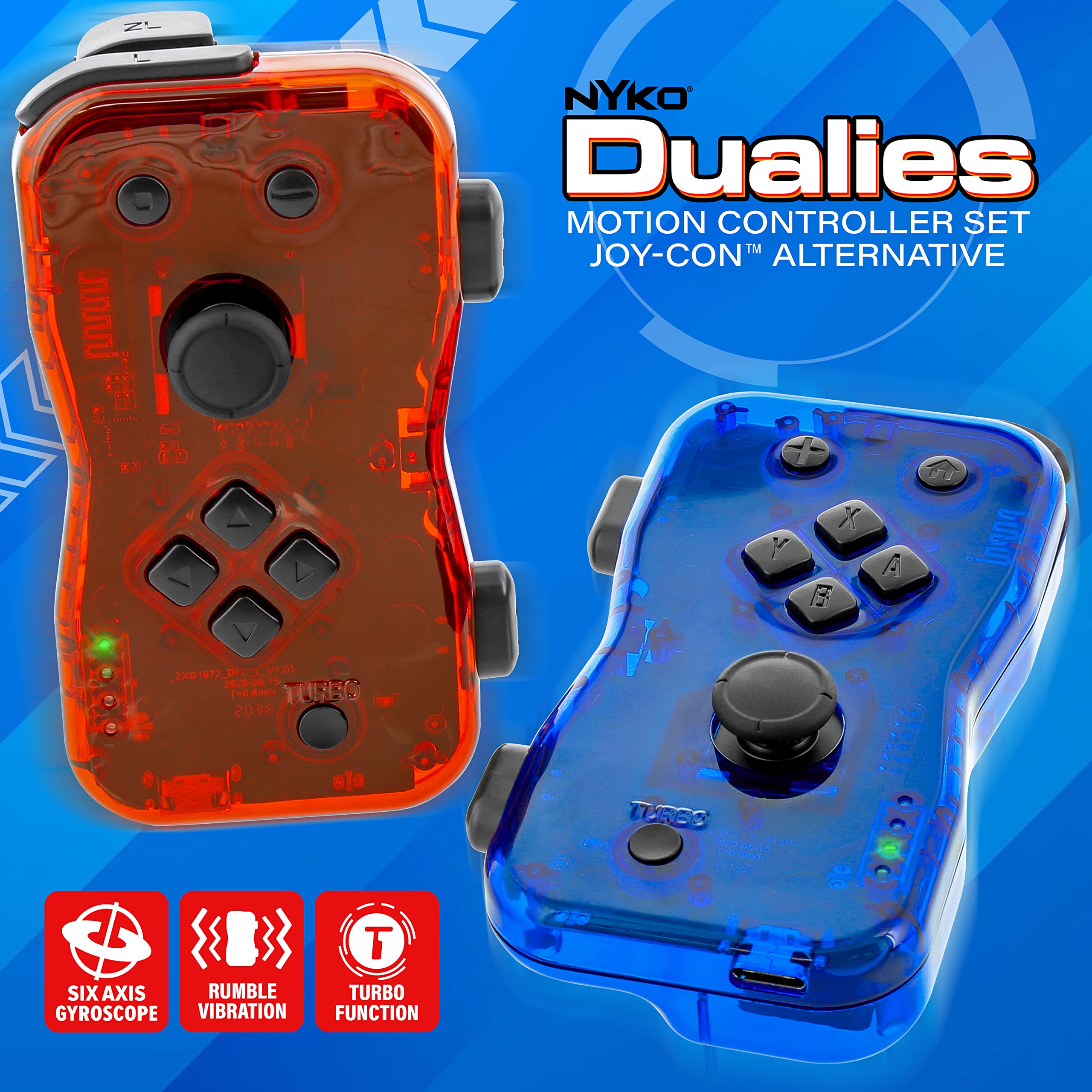 Nyko Dualies Controller Set for Nintendo Switch - Red/Blue: Comfortable, Responsive, and Precise Wireless Gaming with Motion Control, USB C Charge Cable. Joycon Alternative