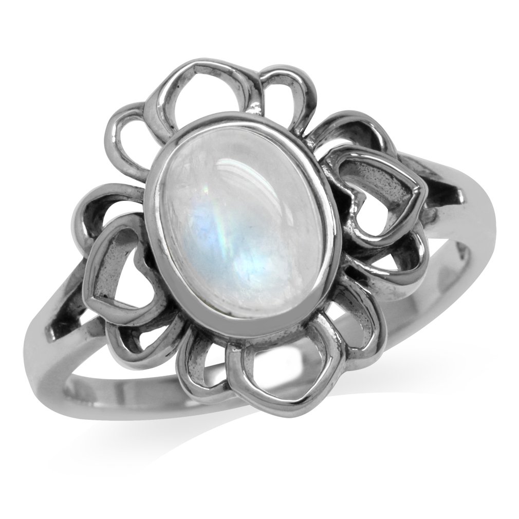 Silvershake Natural Moonstone 925 Sterling Silver Filigree Flower Ring Size 8.5