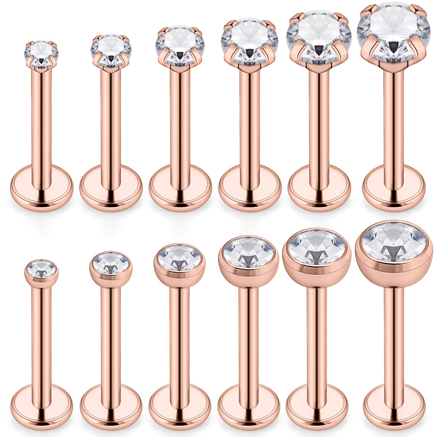 SCERRING 12PCS 16g Stainless Steel 2-4.5mm Clear CZ Internally Threaded Labret Monroe Lip Earring Ring Body Piercing Jewelry 10mm - Rose Gold