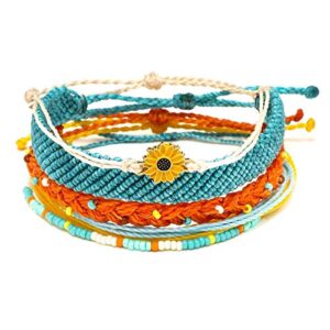 SUNSH 5PCS Boho Woven Sunflower Bracelets for Women Teens Girls Boy Couple Handmade Wrap Rope Charm Beach Surf Braided Adjustable Strings Boyfriend Girlfriend Mother Daughter Friendship Gifts