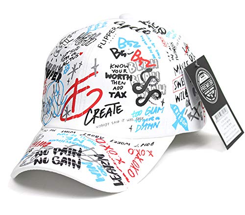 Flipper Designer Graffiti Doodle Cotton Baseball Cap for Men Women, Kpop Hat w/Curve Brim (White/Multi, Free Size)