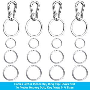 Keychain Clip with Key Ring, Cridoz 4pcs Key Chain Clip Hook with 16Pcs Key Rings for Car Keys, Dog Tag and Key Chain (Assorted Sizes)