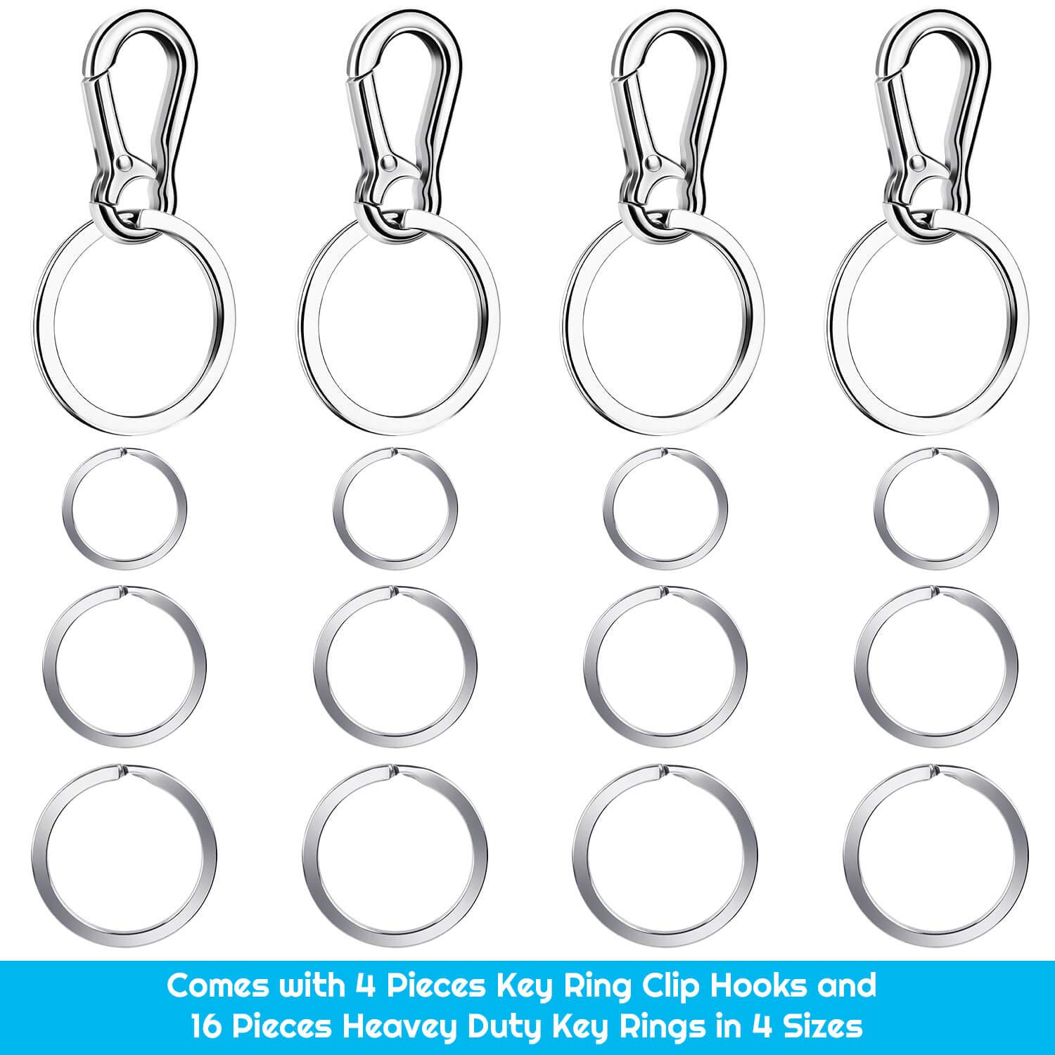 Keychain Clip with Key Ring, Cridoz 4pcs Key Chain Clip Hook with 16Pcs Key Rings for Car Keys, Dog Tag and Key Chain (Assorted Sizes)