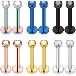 scerring 6 pairs 14g stainless steel 3mm prong setting cz internally threaded labret monroe lip tragus daith cartilage helix earring ring body piercing jewelry 8mm - silver