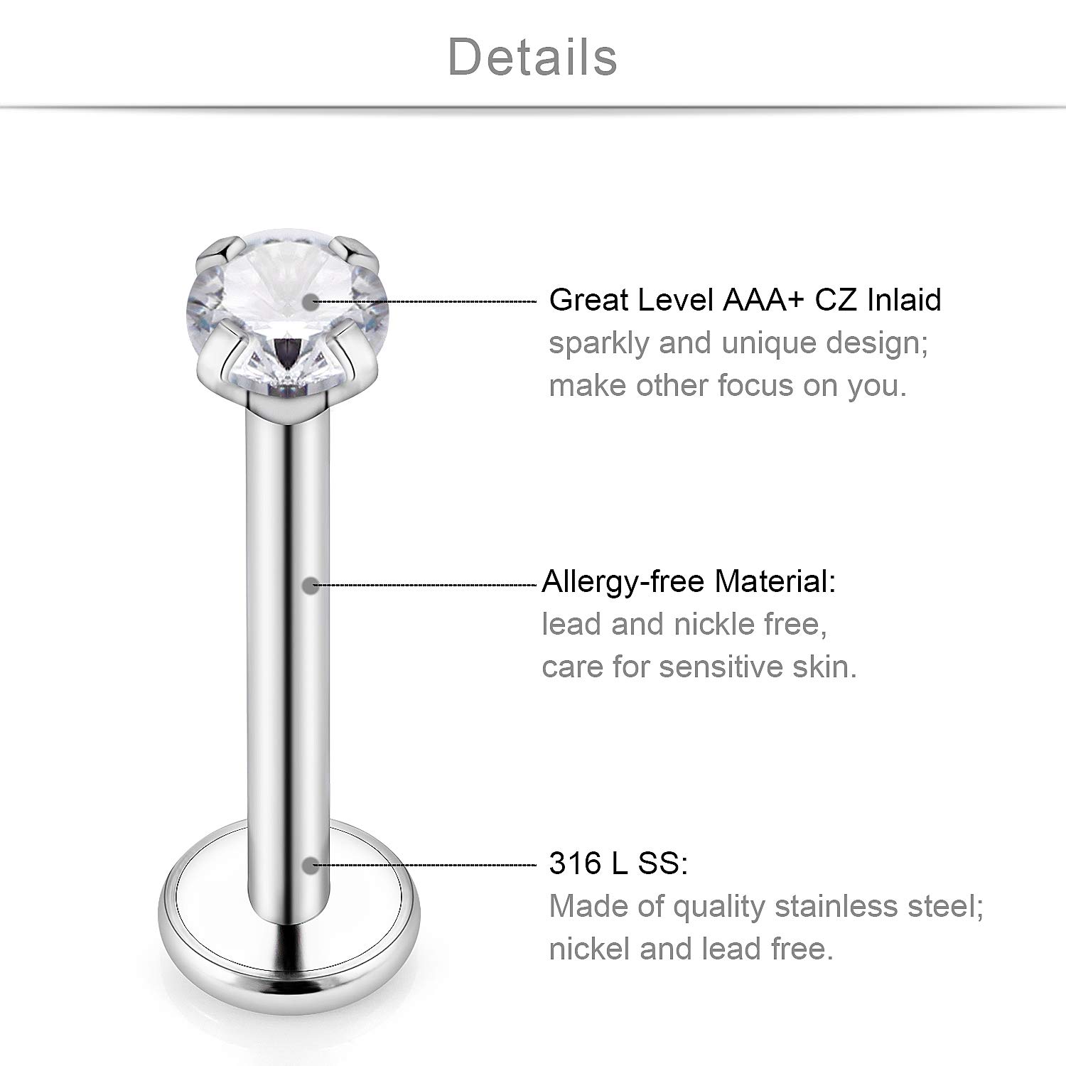 SCERRING 6 Pairs 14g Stainless Steel 3mm Prong Setting CZ Internally Threaded Labret Monroe Lip Tragus Daith Cartilage Helix Earring Ring Body Piercing Jewelry 8mm - Silver