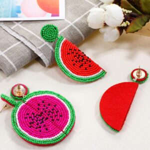 2 Pairs Fruit Watermelon Shape Drop Earrings Bohemian Seed Bead Earrings Handmade Beaded Dangle Studs Earrings for Women Girls Party Jewelry(Rose Red, Red)