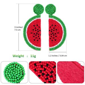 2 Pairs Fruit Watermelon Shape Drop Earrings Bohemian Seed Bead Earrings Handmade Beaded Dangle Studs Earrings for Women Girls Party Jewelry(Rose Red, Red)