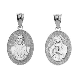 Sterling Silver Sacred Heart Of Jesus, Immaculate Heart of Mary Medal Reversible Pendant