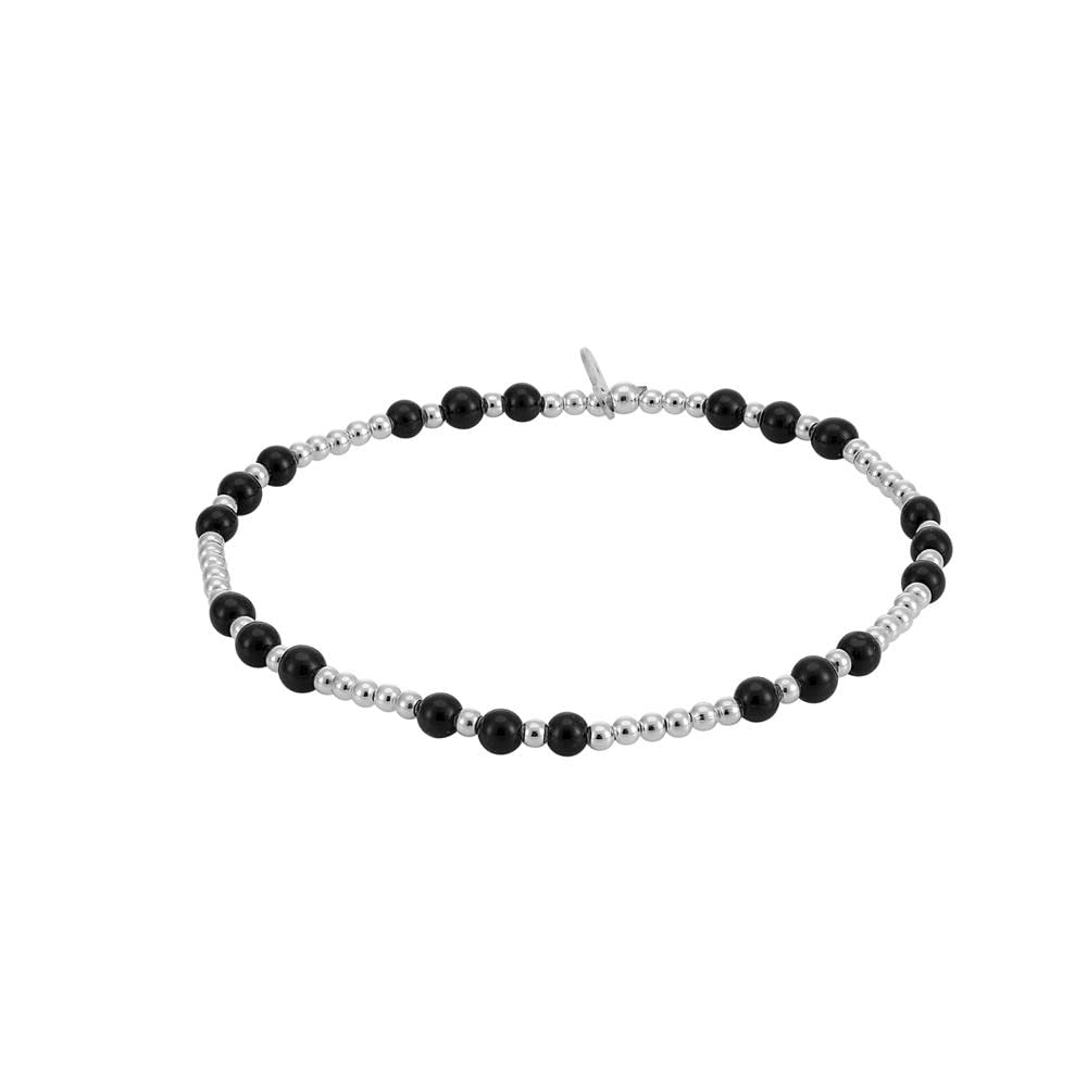 Silverly Women's 925 Sterling Silver 2 mm Small Thin Black Ball Beaded Elastic Stretch Bracelet