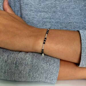 Silverly Women's 925 Sterling Silver 2 mm Small Thin Black Ball Beaded Elastic Stretch Bracelet