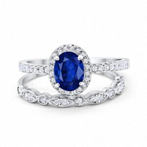 Halo 2-Piece Art Deco Wedding Engagement Bridal Set Ring Band Oval Round Simulated Blue Sapphire Cubic Zirconia 925 Sterling Silver Size-5