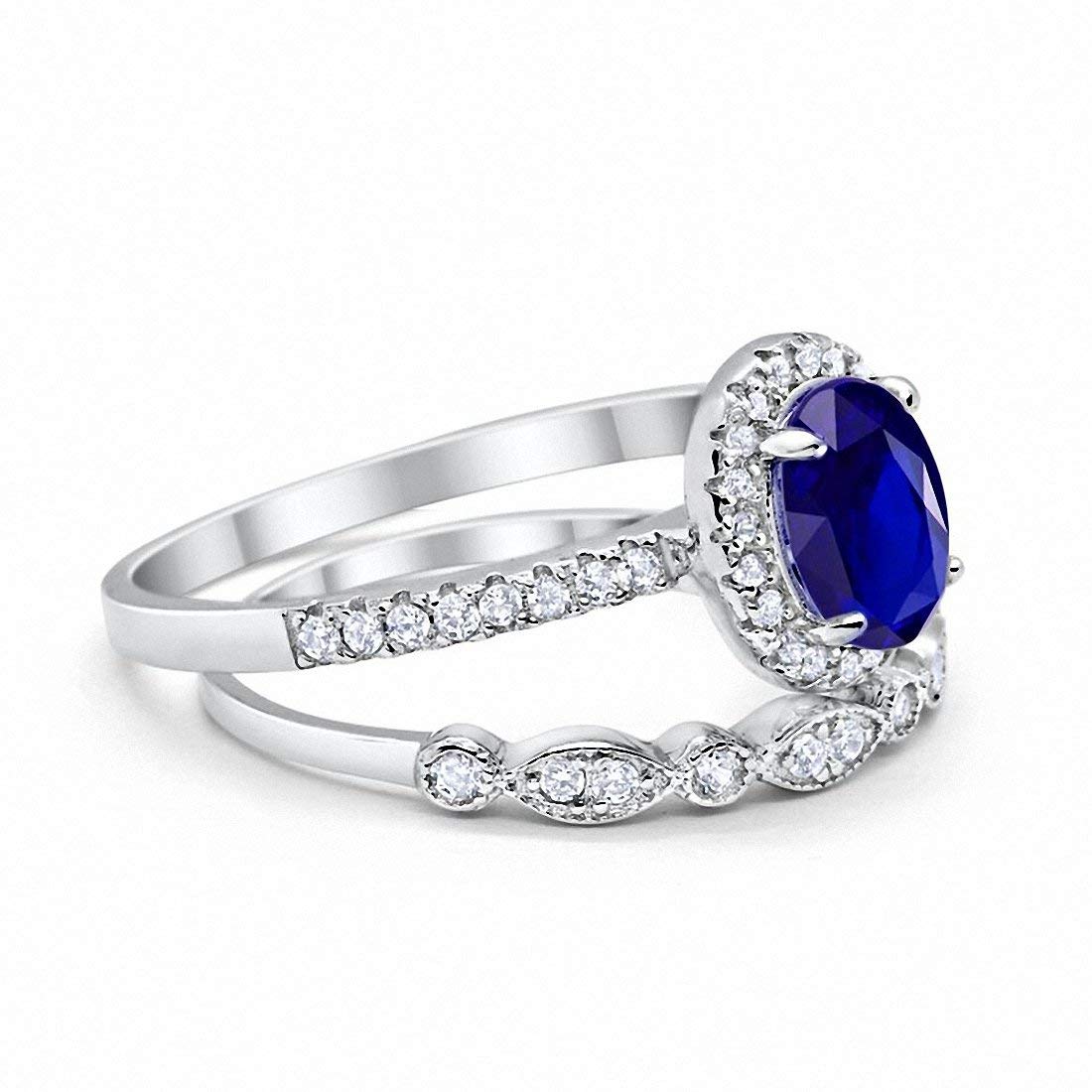 Halo 2-Piece Art Deco Wedding Engagement Bridal Set Ring Band Oval Round Simulated Blue Sapphire Cubic Zirconia 925 Sterling Silver Size-5