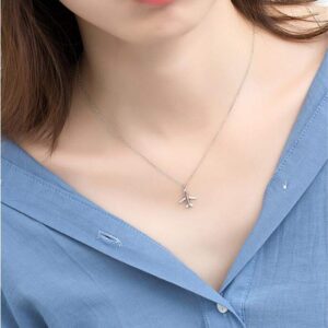 Tiny Crystal Airplane Pendant Necklace for Women Teen Girls 925 Sterling Silver 18K White Gold Plated Huggie Diamond Plane Free Fly Wings Drop Choker Y Necklace Chain Lightweight Fashion Jewelry