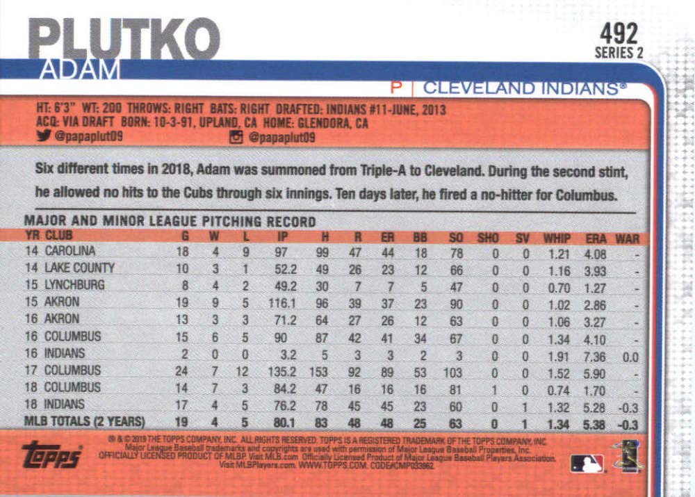 2019 Topps #492 Adam Plutko Cleveland Indians Baseball Card